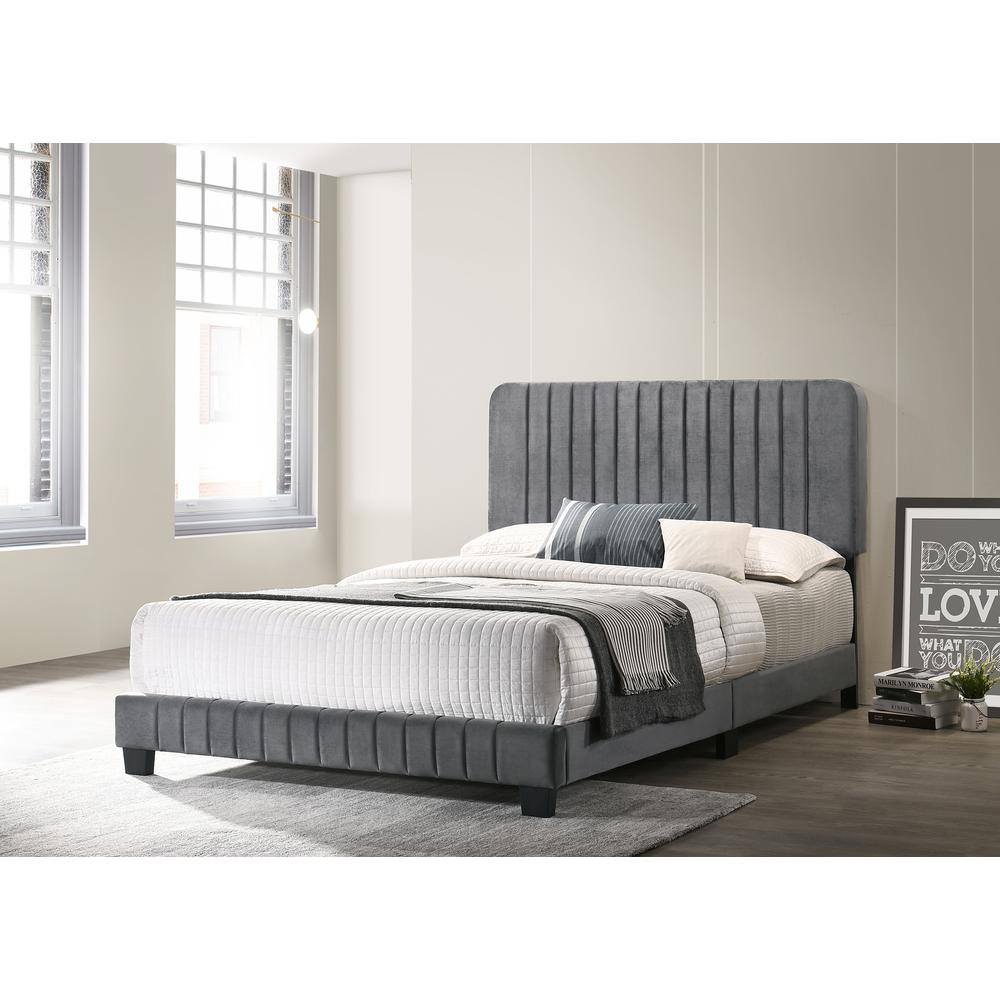 Lodi Gray Velvet Upholstered Channel Tufted Queen Panel Bed. Picture 5