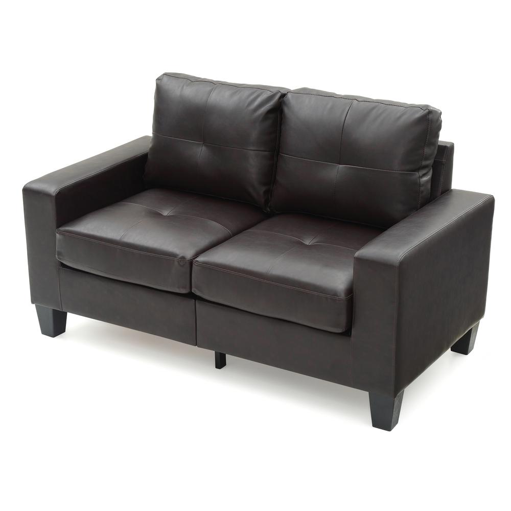 Newbury 58 in. W Flared Arm Faux Leather Straight Sofa in Dark Brown. Picture 3