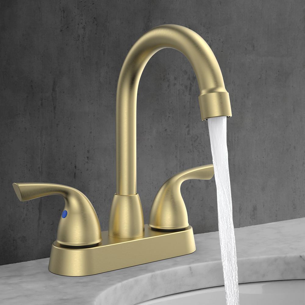 Bianca 4 in. Surface Mounted 2 Handles Bathroom Faucet with Drain Kit Included in Brushed Gold. Picture 8