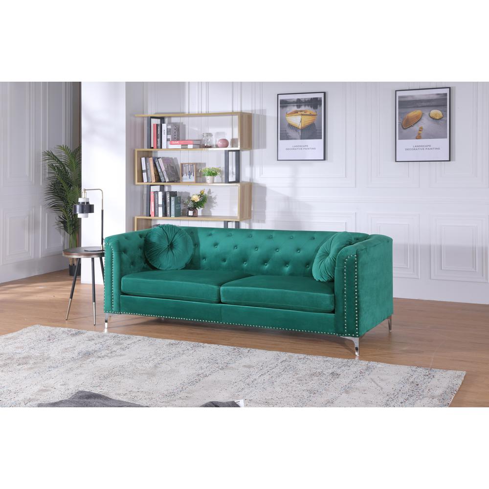 Pompano 83 in. Green Tufted Velvet Loveseat with 2-Throw Pillow. Picture 6