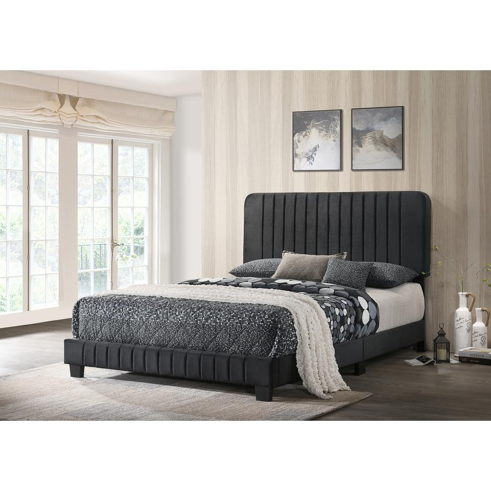 Lodi Black Velvet Upholstered Channel Tufted King Panel Bed. Picture 5