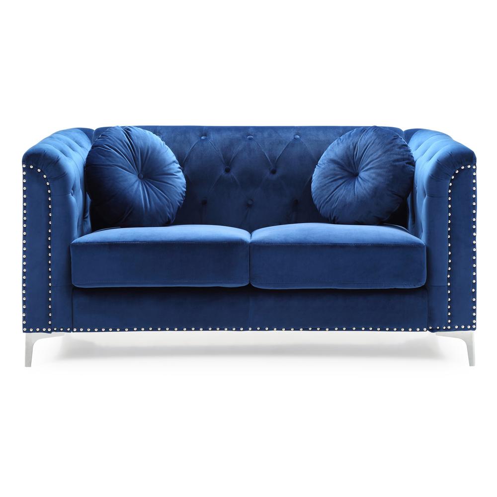 Pompano 62 in. Navy Blue Velvet 2-Seater Sofa with 2-Throw Pillow. Picture 2