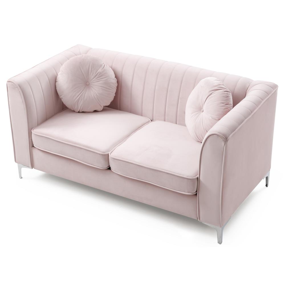 Delray 65 in. Pink Tuxedo Arm Velvet Loveseat with 2-Throw Pillow. Picture 3