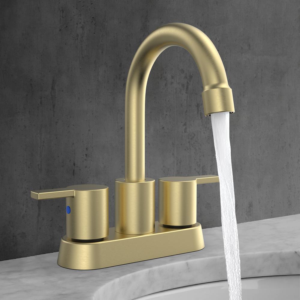 Alamo 4 in. Surface Mounted 2 Handles Bathroom Faucet with Drain Kit Included in Brushed Gold. Picture 8