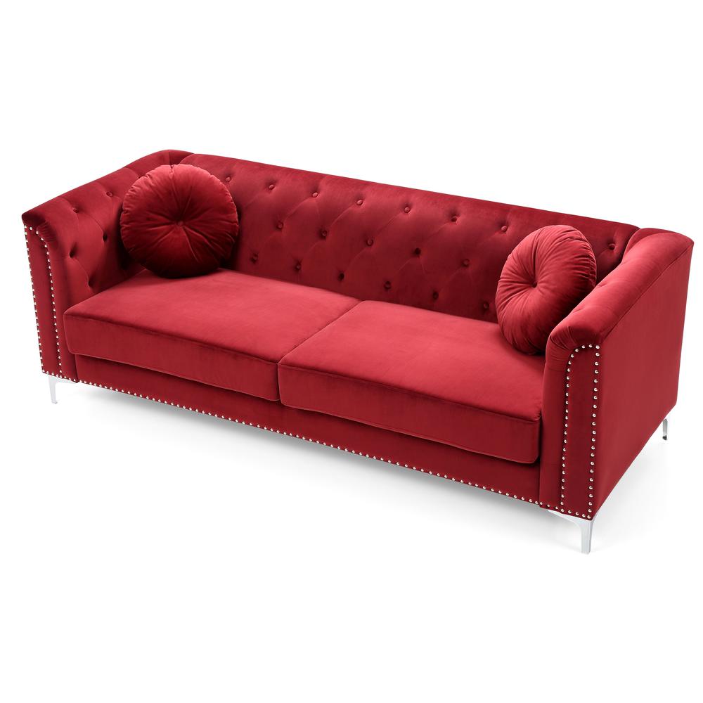 Pompano 83 in. Burgundy Tufted Velvet Loveseat with 2-Throw Pillow. Picture 2