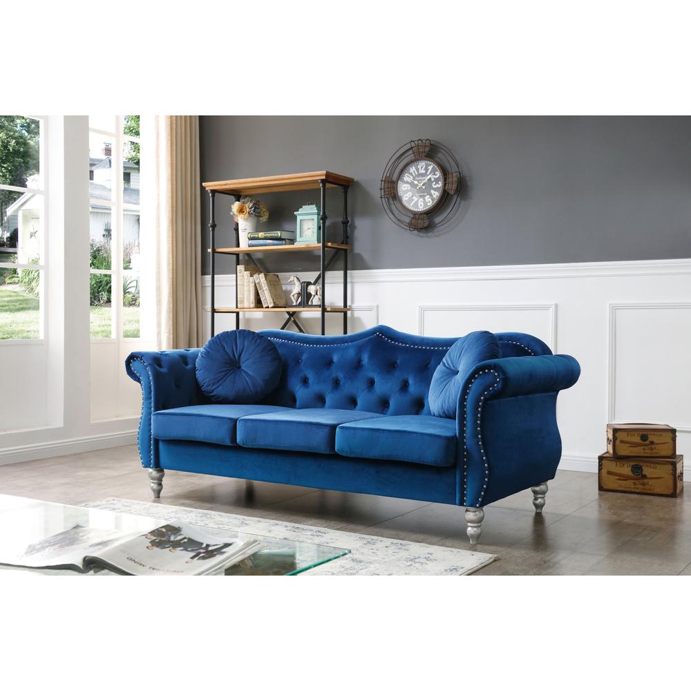Hollywood 82 in. Navy Blue Velvet Chesterfield 3-Seater Sofa with 2-Throw Pillow. Picture 5