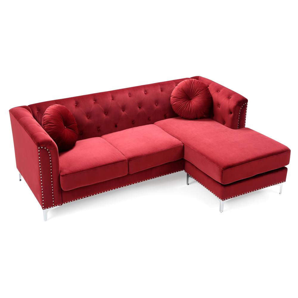 Pompano 83 in. Burgundy Tufted Velvet Sectional with 2-Throw Pillow. Picture 2