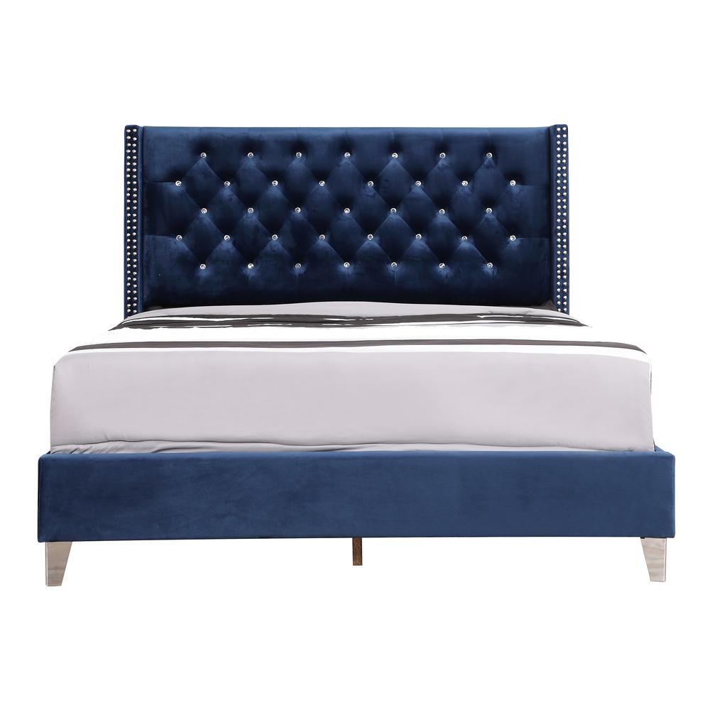 Julie Navy Blue Tufted Upholstered Low Profile King Panel Bed. Picture 2