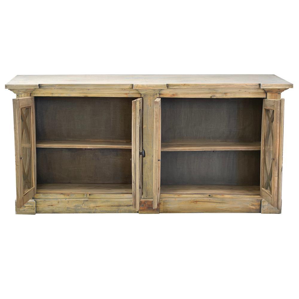Shabby Chic Cottage 71 in. Wide Driftwood Brown Solid Wood Buffet with Curved Glass Door. Picture 3
