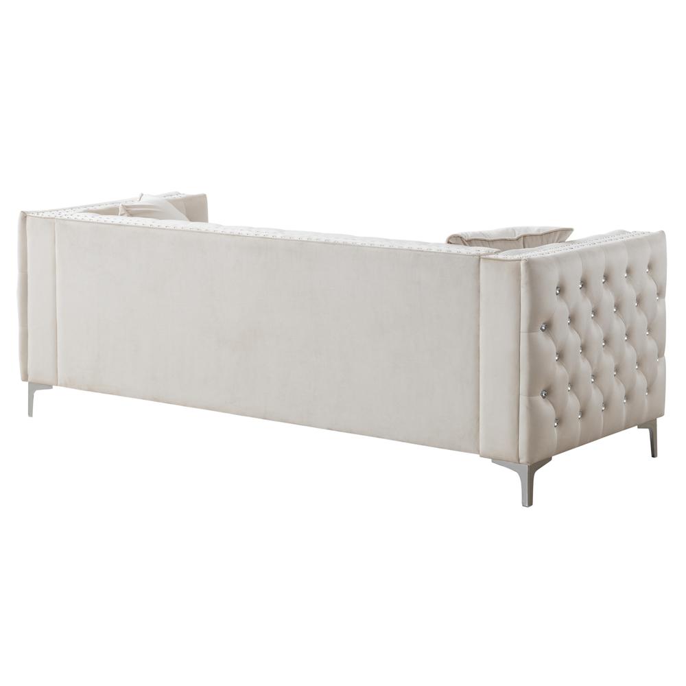 Paige 86 in. Ivory Tufted Velvet 3-Seater Sofa with 2-Throw Pillow. Picture 3