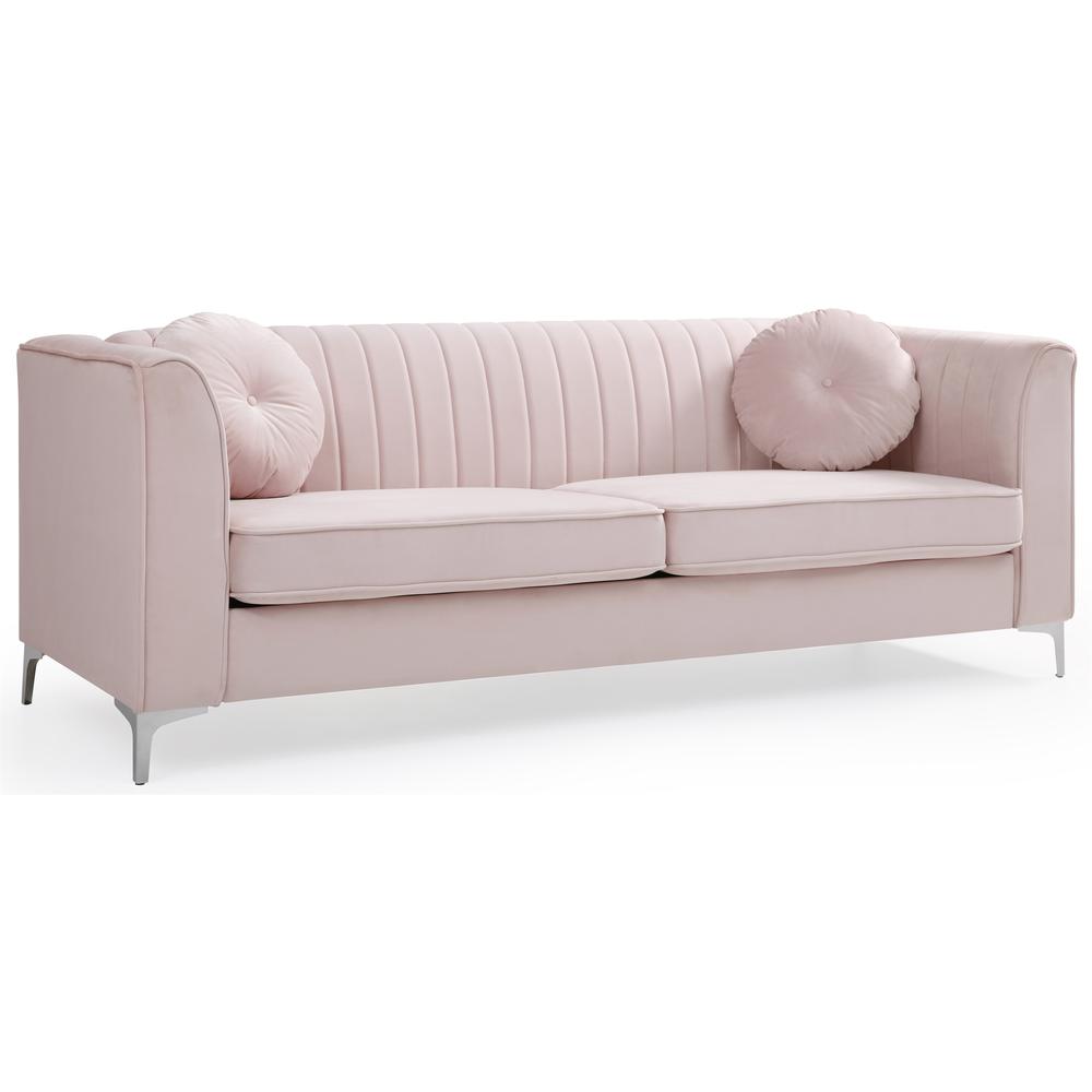 Delray 87 in. Pink Velvet 2-Seater Sofa with 2-Throw Pillow. Picture 1