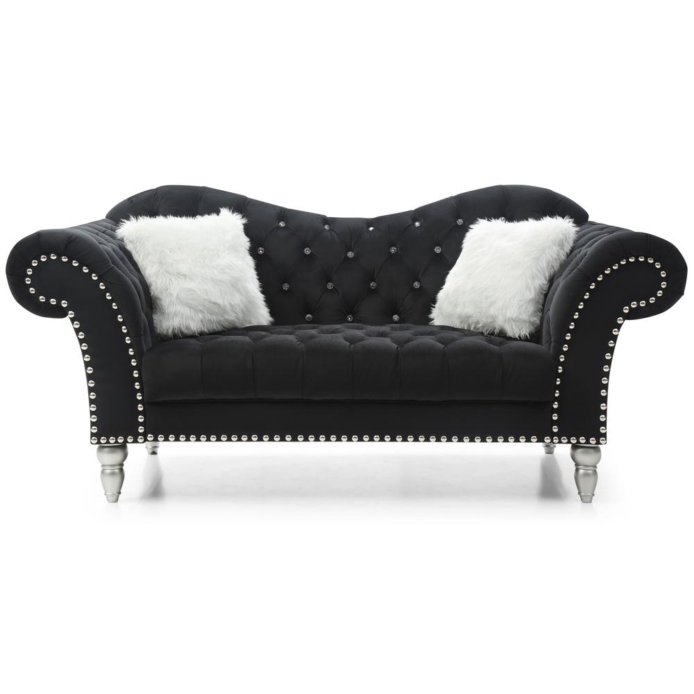 Wilshire 75 in. Black Velvet 3-Seater Sofa with 2-Throw Pillow. Picture 2