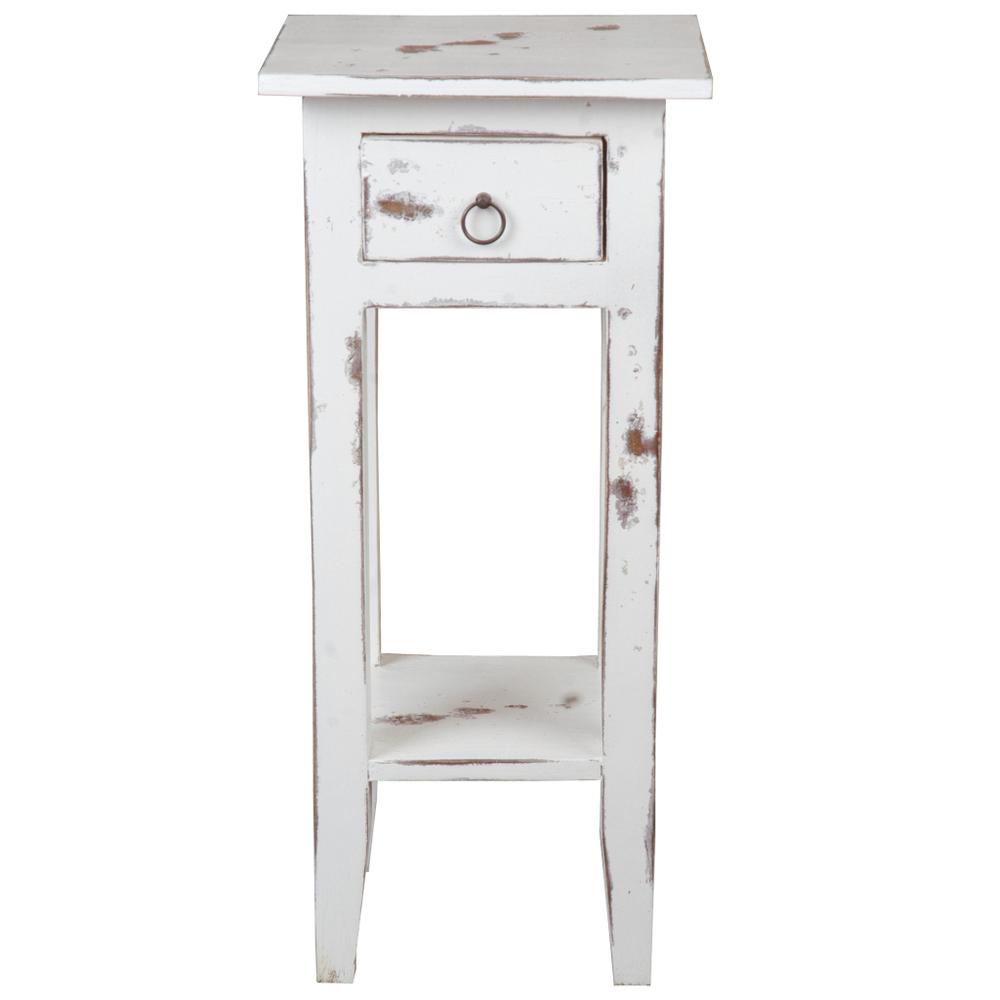 Shabby Chic Cottage 11.8 in. Heavy Distressed Whitewash Square Solid Wood End Table with 1 Drawer. Picture 1