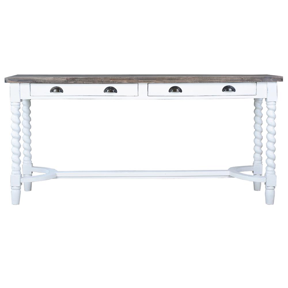 Shabby Chic Cottage 64 in. White and Raftwood Brown Rectangular Solid Wood Console Table. Picture 1