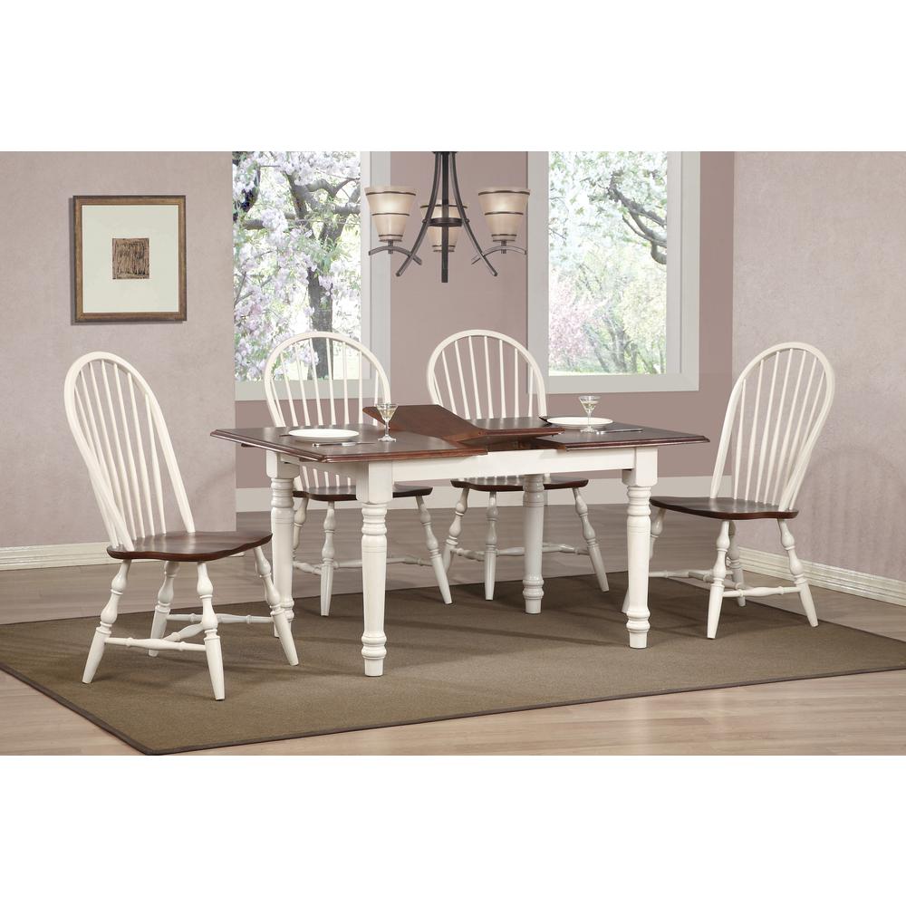 Andrews 5-Piece Solid Wood Top Distressed Antique White with Chestnut Brown Dining Table Set with Extendable Butterfly and Spindle Back Chairs. Picture 6