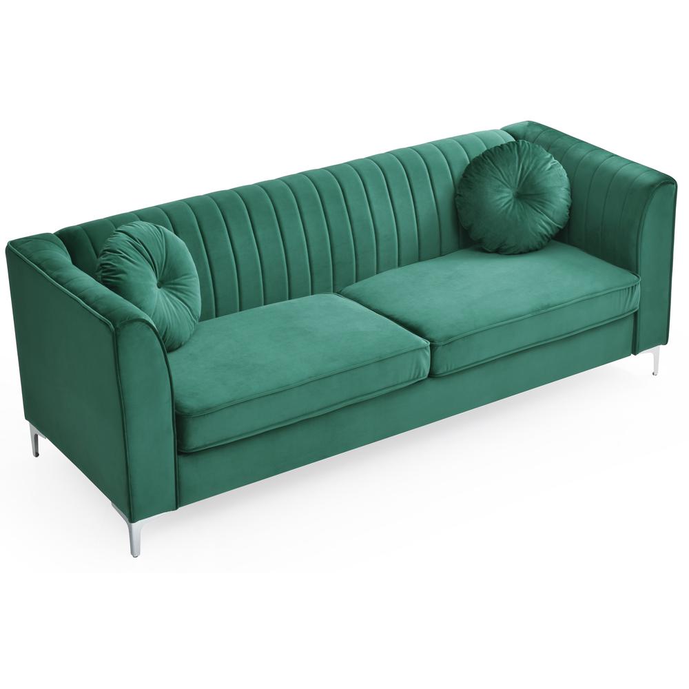 Delray 87 in. Green Velvet 2-Seater Sofa with 2-Throw Pillow. Picture 3