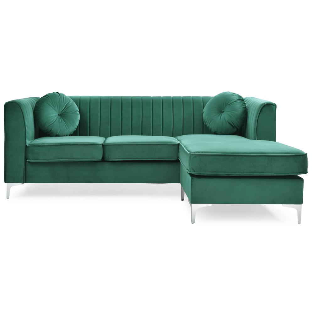 Delray 87 in. Green Velvet L-Shape 3-Seater Sectional Sofa with 2-Throw Pillow. Picture 2