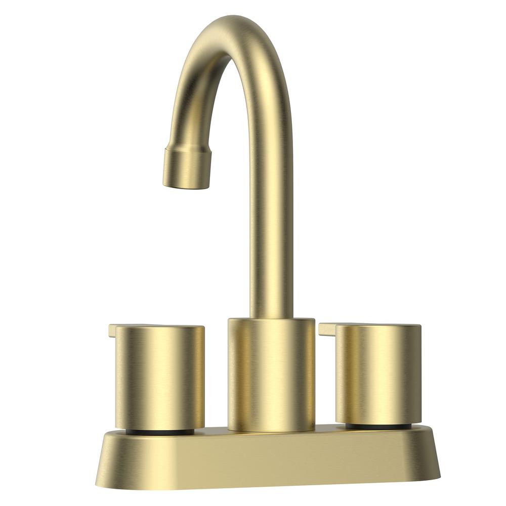 Alamo 4 in. Surface Mounted 2 Handles Bathroom Faucet with Drain Kit Included in Brushed Gold. Picture 5
