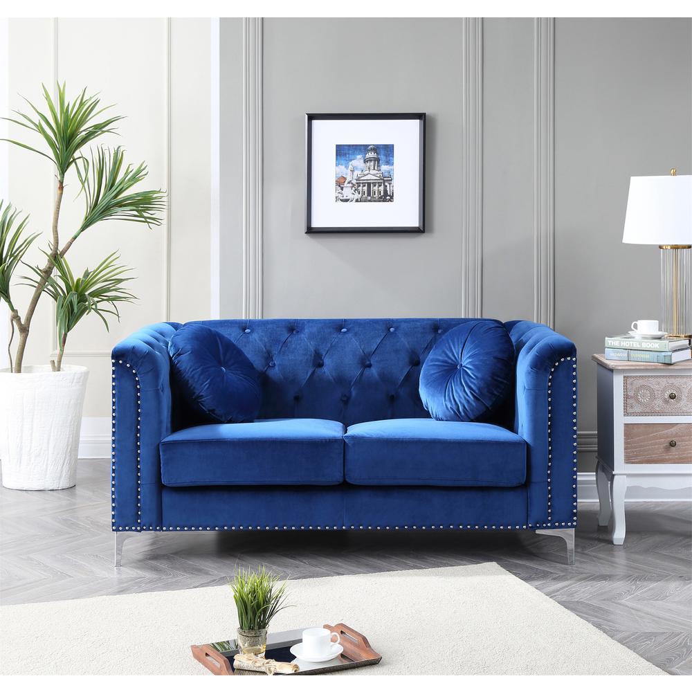 Pompano 62 in. Navy Blue Velvet 2-Seater Sofa with 2-Throw Pillow. Picture 5