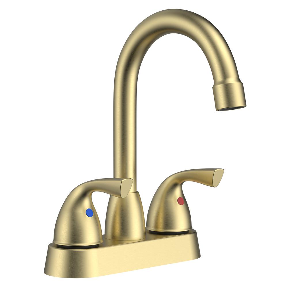 Bianca 4 in. Surface Mounted 2 Handles Bathroom Faucet with Drain Kit Included in Brushed Gold. Picture 2