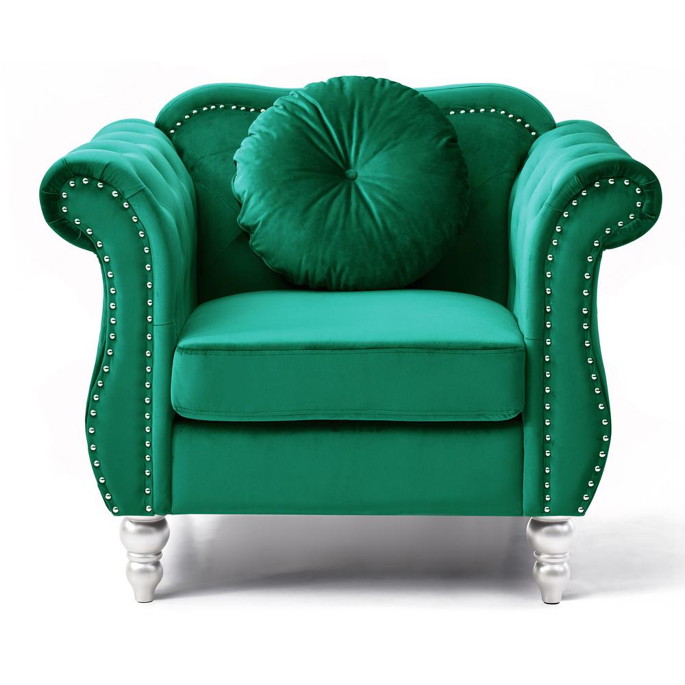Hollywood Green Chesterfield Tufted Velvet Accent Chair with Round Throw Pillow. Picture 1