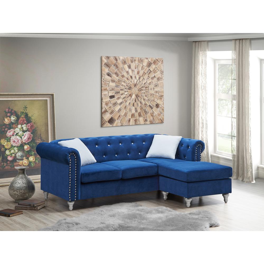 Raisa 82 in. Blue Velvet 3-Seater Sofa with 2-Throw Pillow. Picture 4