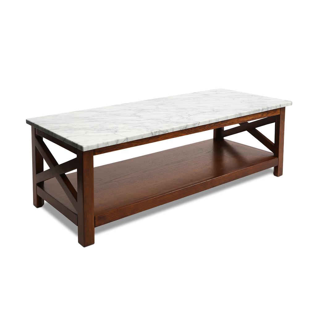 Agatha 44" Rectangular Italian Carrara White Marble Coffee Table with walnut color solid wood Legs. Picture 2