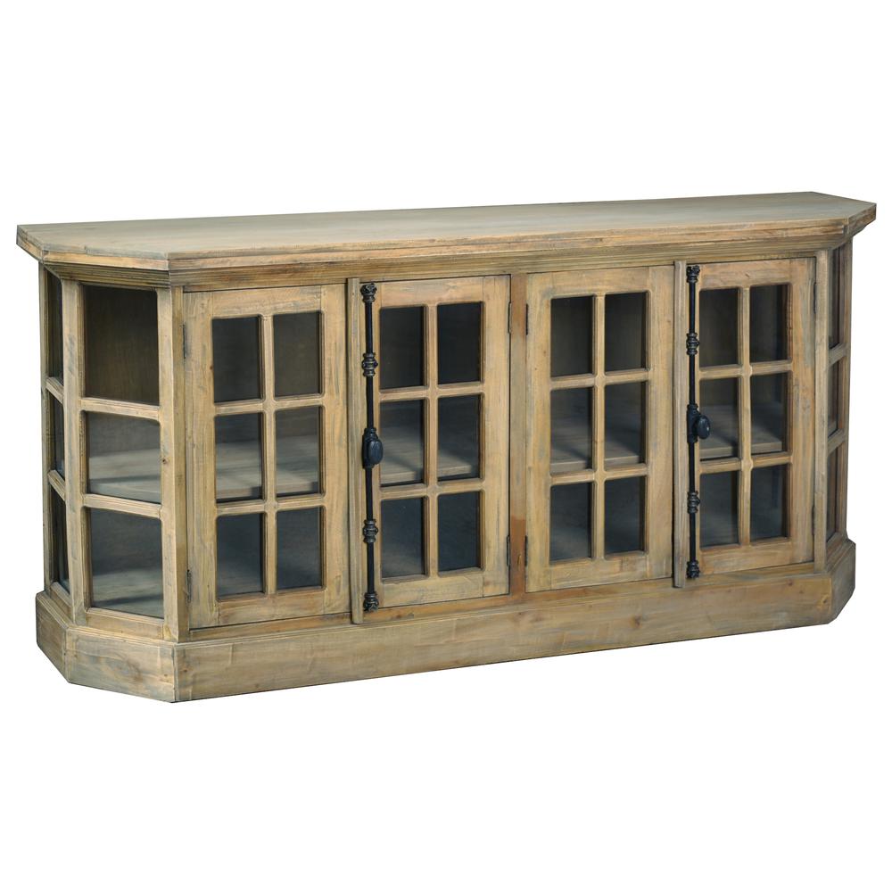 Shabby Chic Cottage 77 in. Driftwood Brown Solid Wood Buffet with Window Pane Glass Door Display. Picture 2