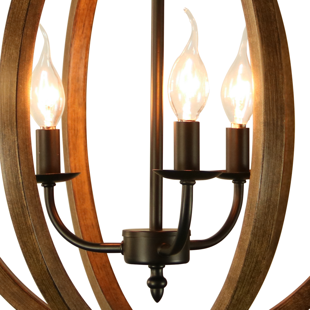 Chandelier Light (3-Bulb) Round, Contemporary Steel Design with Wood Pattern Finish. Picture 4
