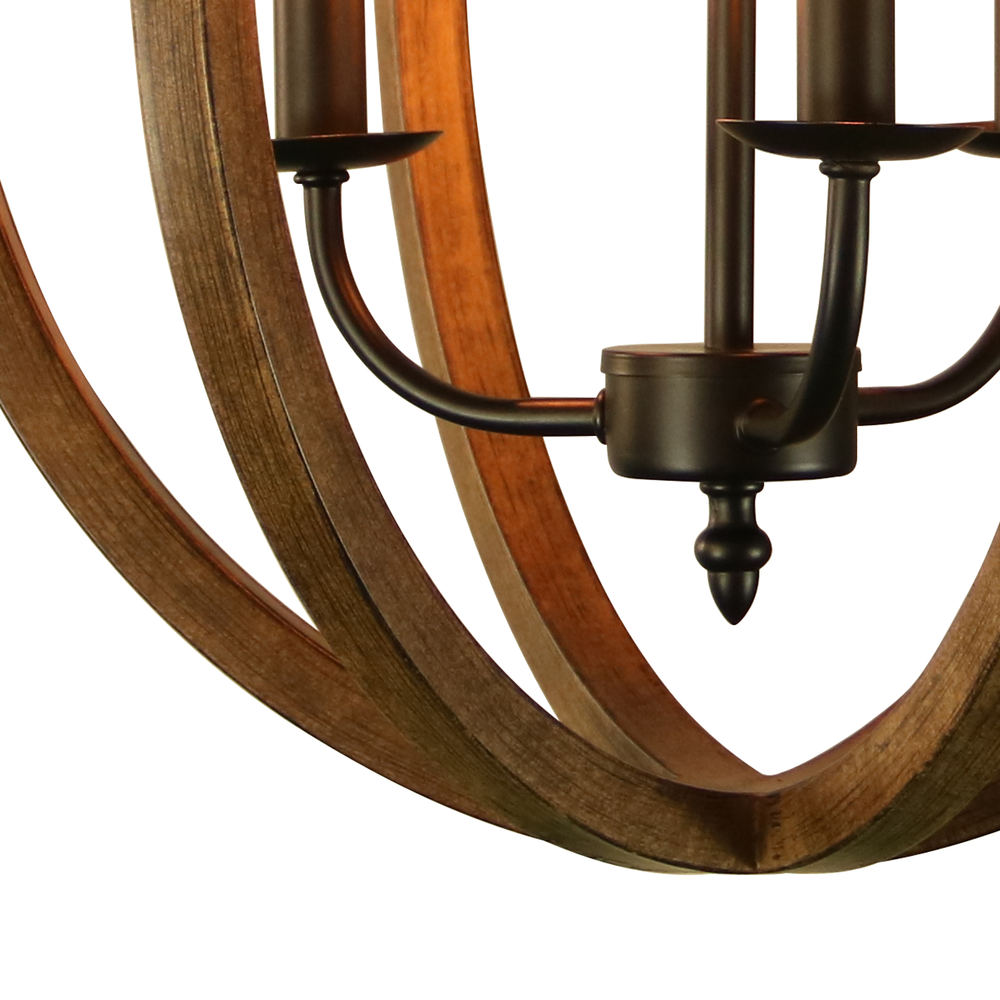 Chandelier Light (3-Bulb) Round, Contemporary Steel Design with Wood Pattern Finish. Picture 5