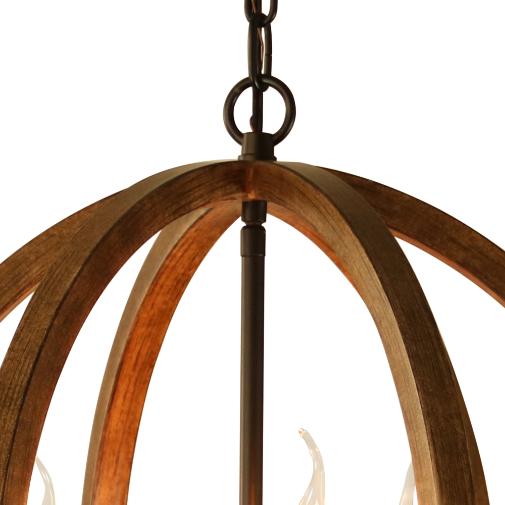 Chandelier Light (3-Bulb) Round, Contemporary Steel Design with Wood Pattern Finish. Picture 6