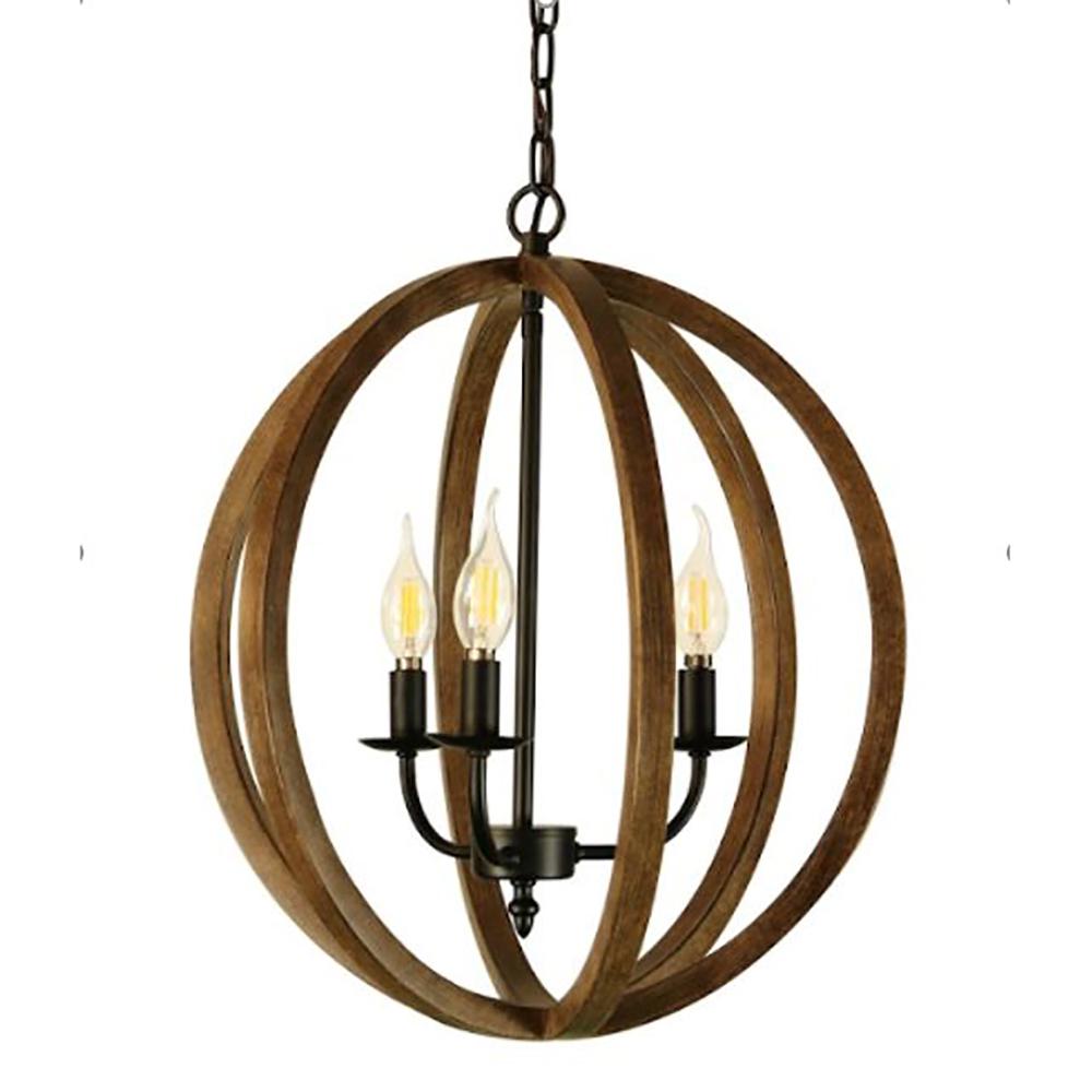 Chandelier Light (3-Bulb) Round, Contemporary Steel Design with Wood Pattern Finish. Picture 1
