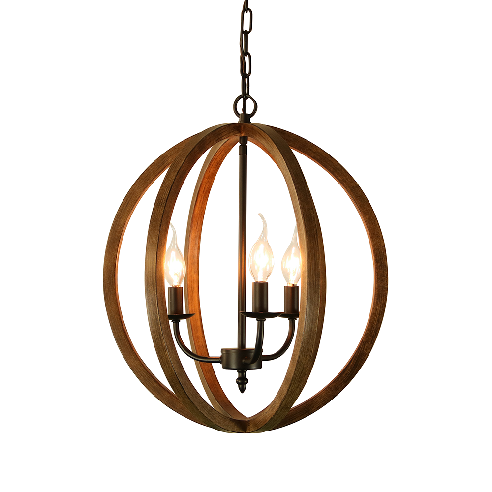 Chandelier Light (3-Bulb) Round, Contemporary Steel Design with Wood Pattern Finish. Picture 3