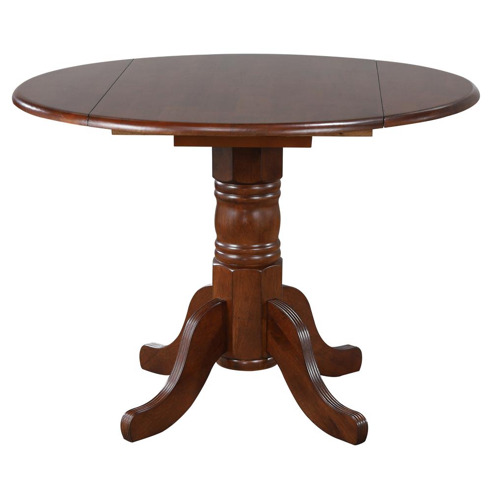 Andrews 3-Piece Round Wood Top Distressed Chestnut Brown Dining Set with Drop Leaf. Picture 2