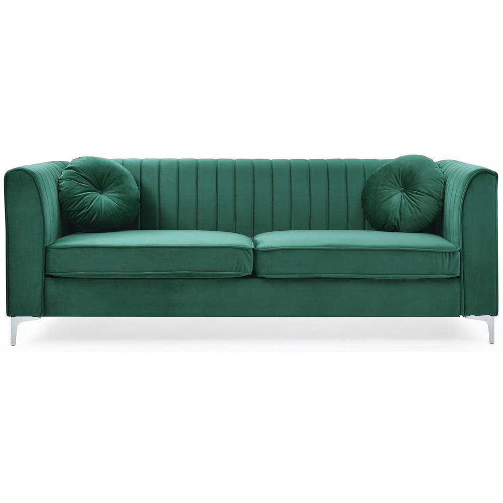 Delray 87 in. Green Velvet 2-Seater Sofa with 2-Throw Pillow. Picture 2