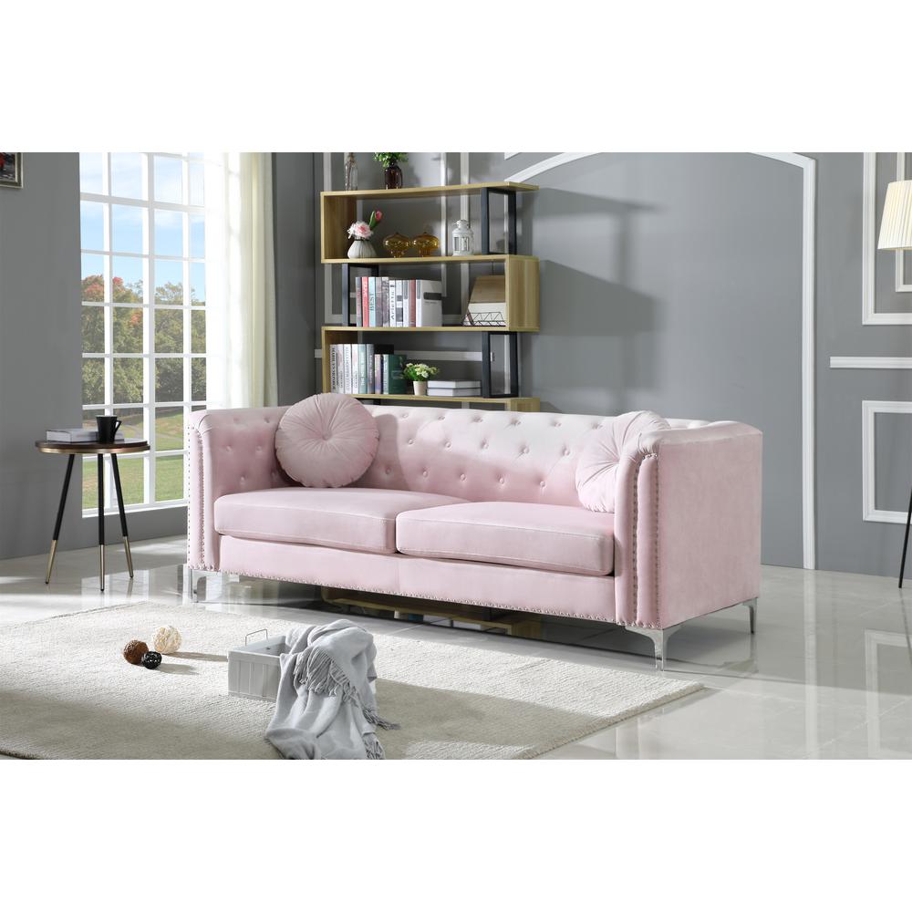 Pompano 83 in. Pink Tufted Velvet Loveseat with 2-Throw Pillow. Picture 8
