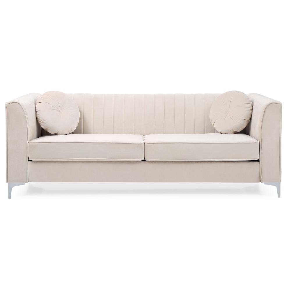 Delray 87 in. Ivory Velvet 2-Seater Sofa with 2-Throw Pillow. Picture 2