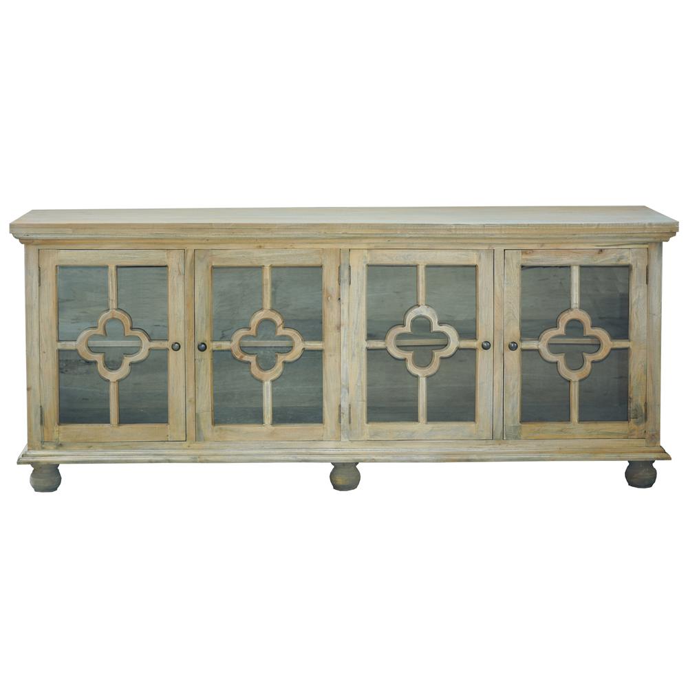Shabby Chic Cottage 87 in. Wide Driftwood Brown Solid Wood Buffet with Clover Glass Door. Picture 1