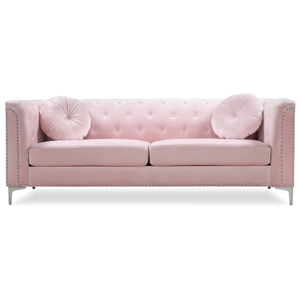 Pompano 83 in. Pink Tufted Velvet Loveseat with 2-Throw Pillow. Picture 1