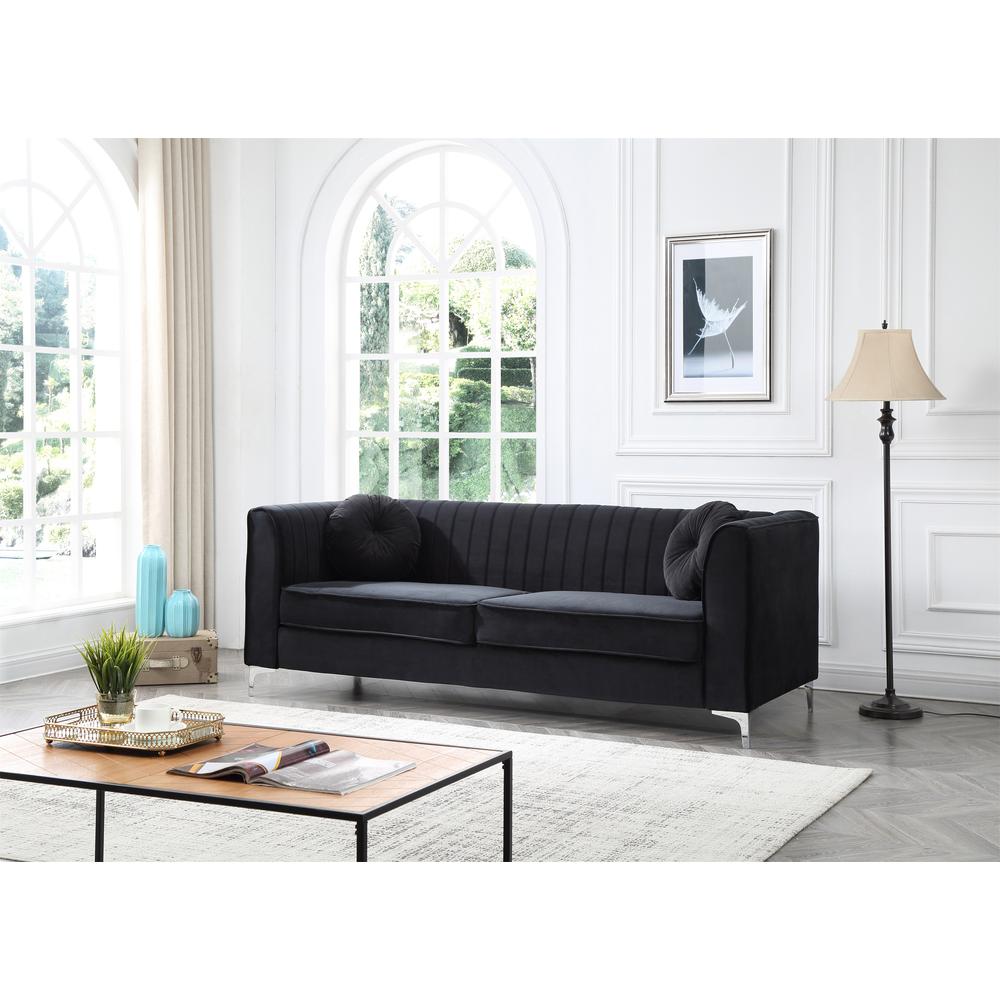 Delray 87 in. Black Velvet 2-Seater Sofa with 2-Throw Pillow. Picture 6