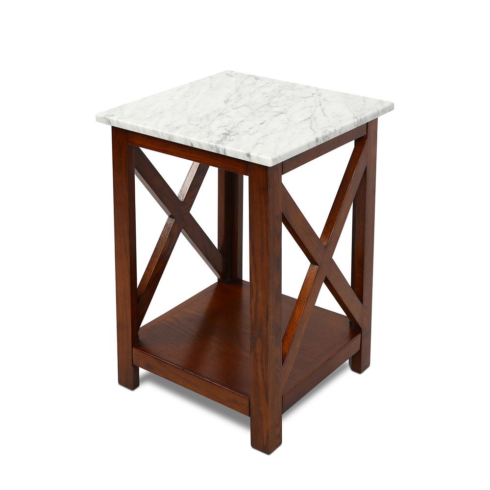 Agatha 15" Square Italian Carrara White Marble Side Table with walnut color solid wood Legs. Picture 1