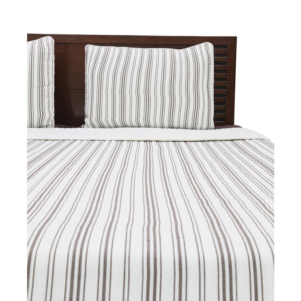 Ticking Stripe Ivory and Brown Cotton Twin Quilt Set. Picture 4