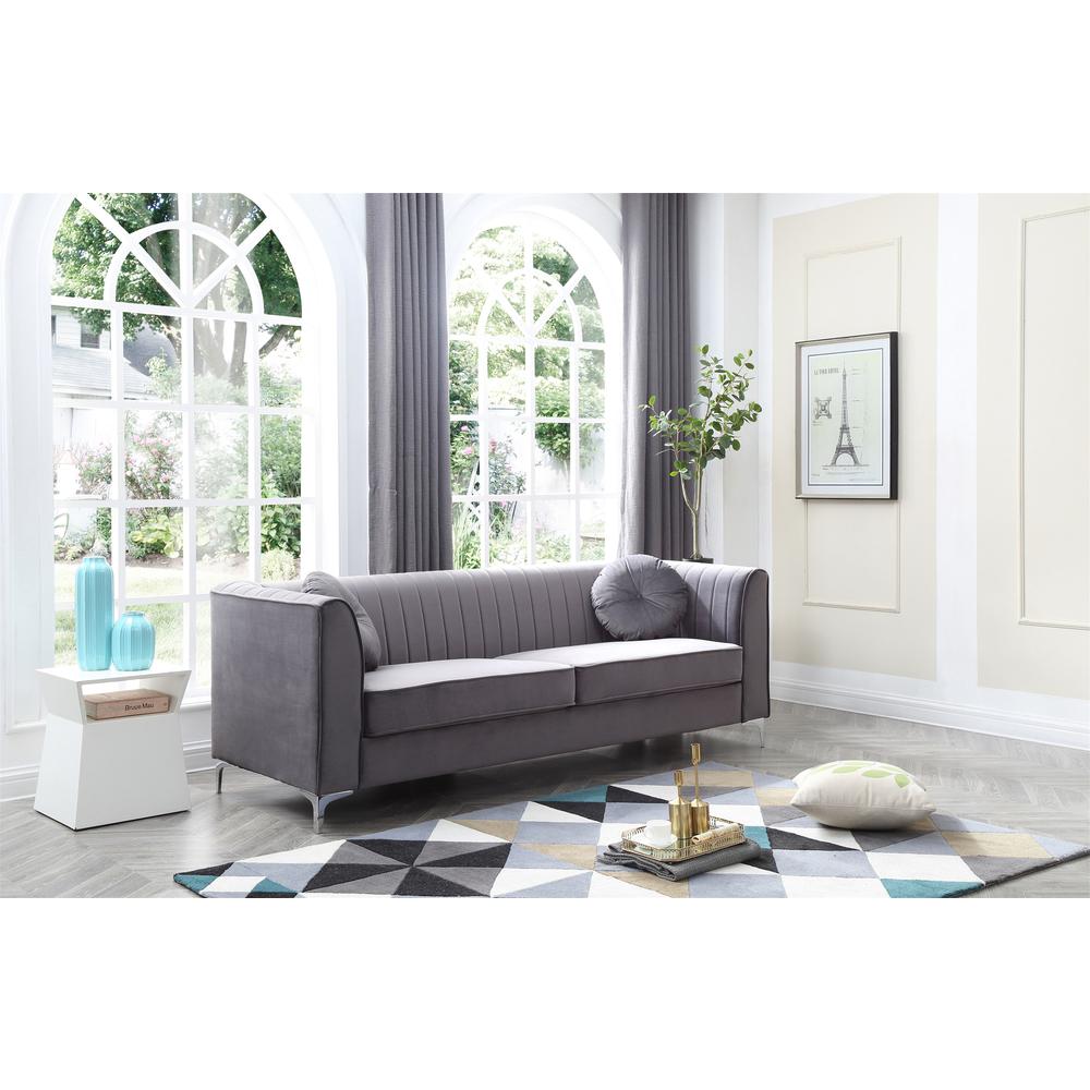 Delray 87 in. Gray Velvet 2-Seater Sofa with 2-Throw Pillow. Picture 6