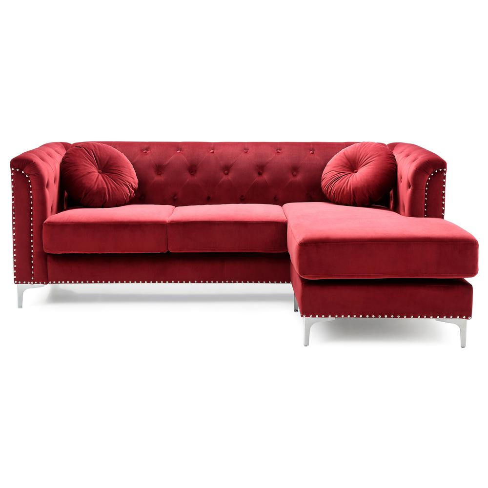 Pompano 83 in. Burgundy Tufted Velvet Sectional with 2-Throw Pillow. Picture 1
