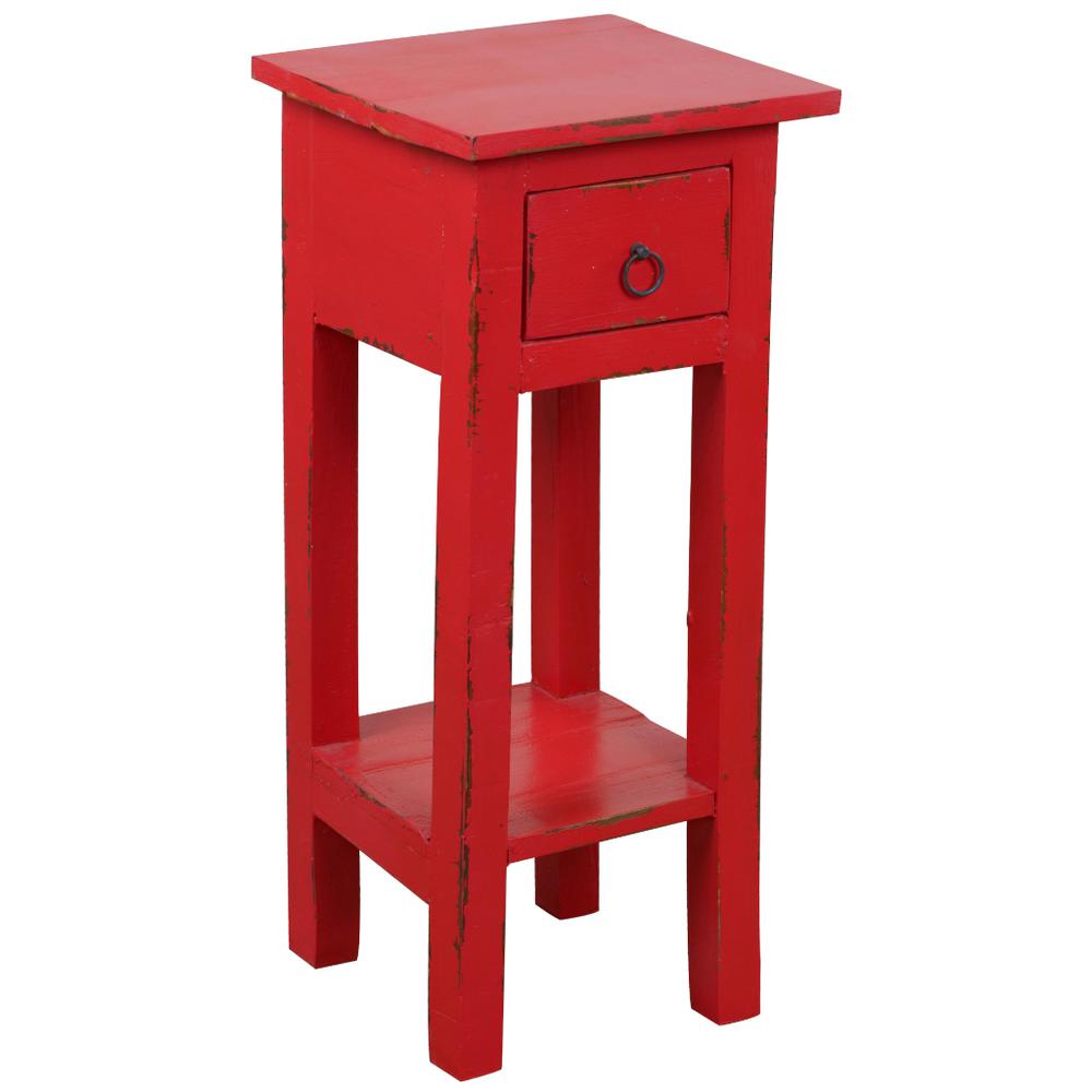 Shabby Chic Cottage 11.8 in. Light Distressed Red Square Solid Wood End Table with 1 Drawer. Picture 2