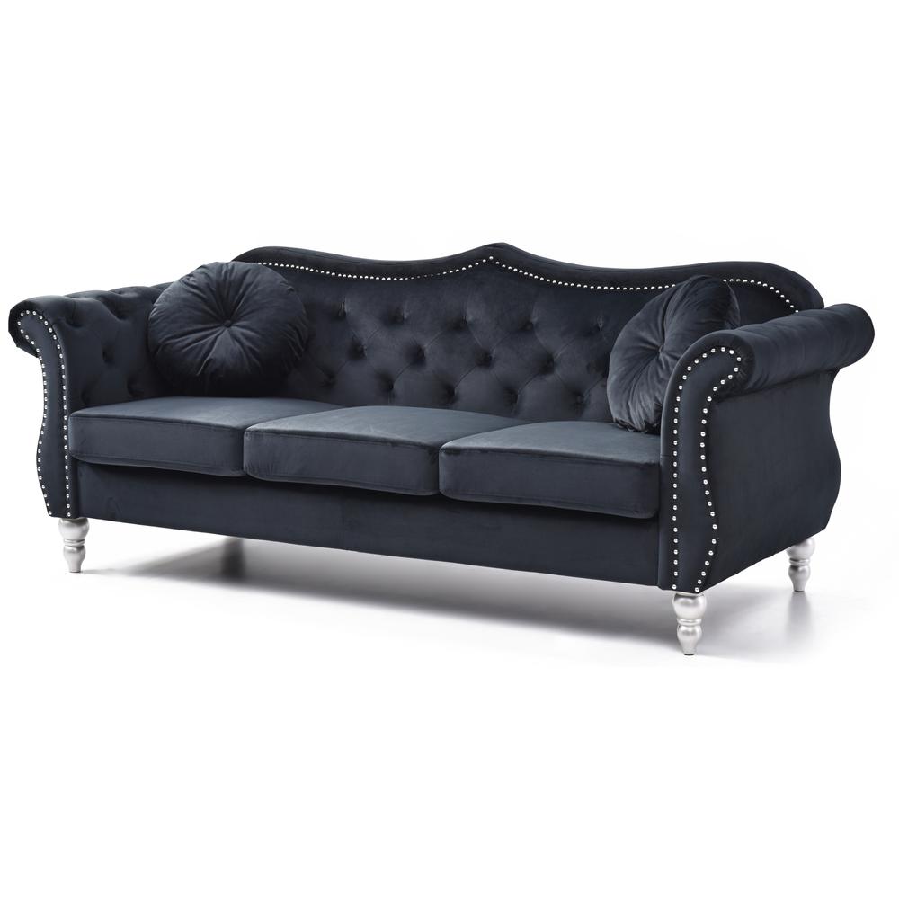 Hollywood 82 in. Black Velvet Chesterfield 3-Seater Sofa with 2-Throw Pillow. The main picture.