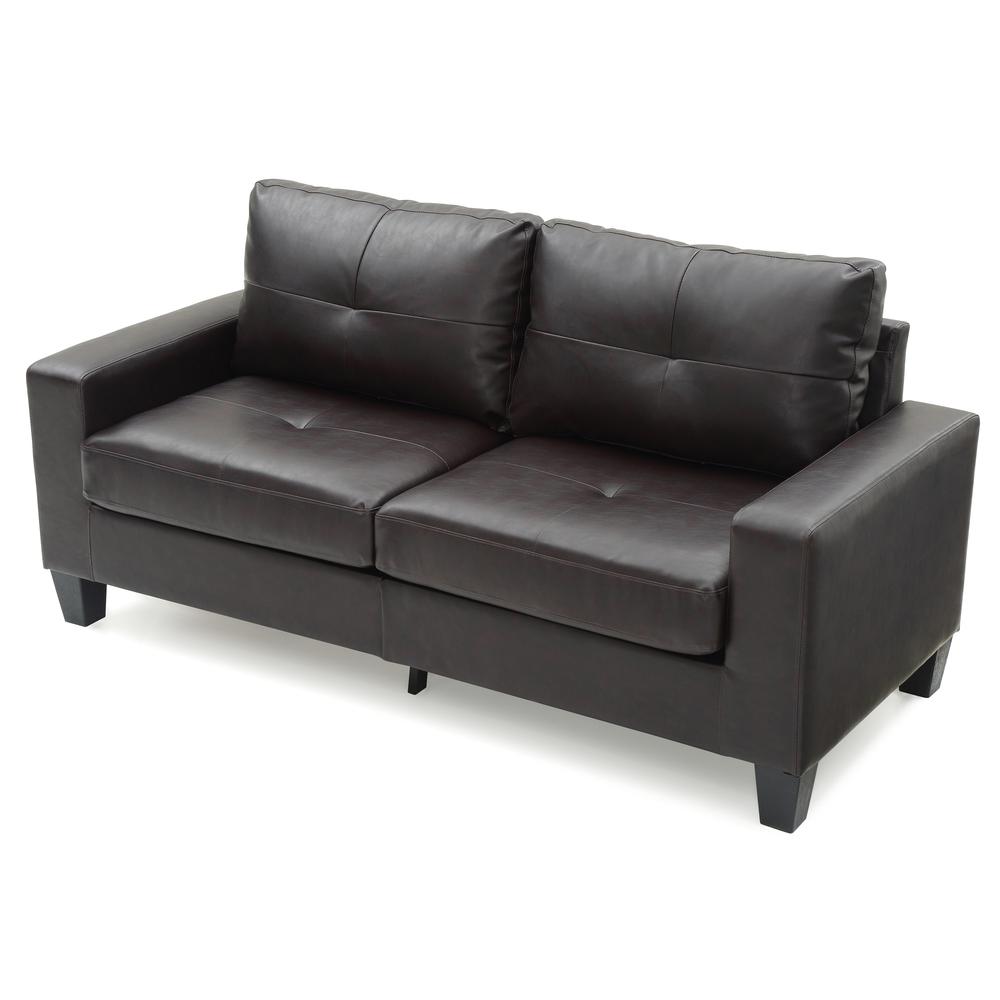 Newbury 71 in. W Flared Arm Faux Leather Straight Sofa in Dark Brown. Picture 3