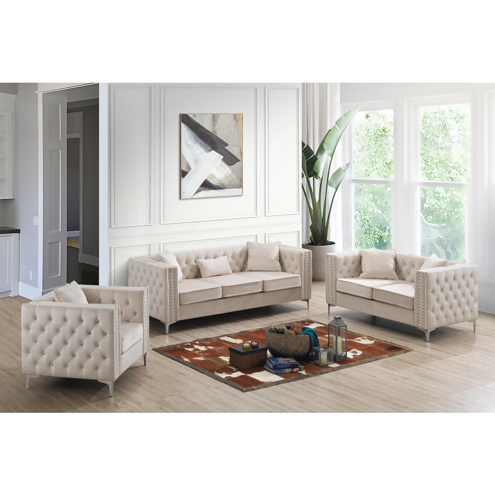 Paige 86 in. Ivory Tufted Velvet 3-Seater Sofa with 2-Throw Pillow. Picture 4