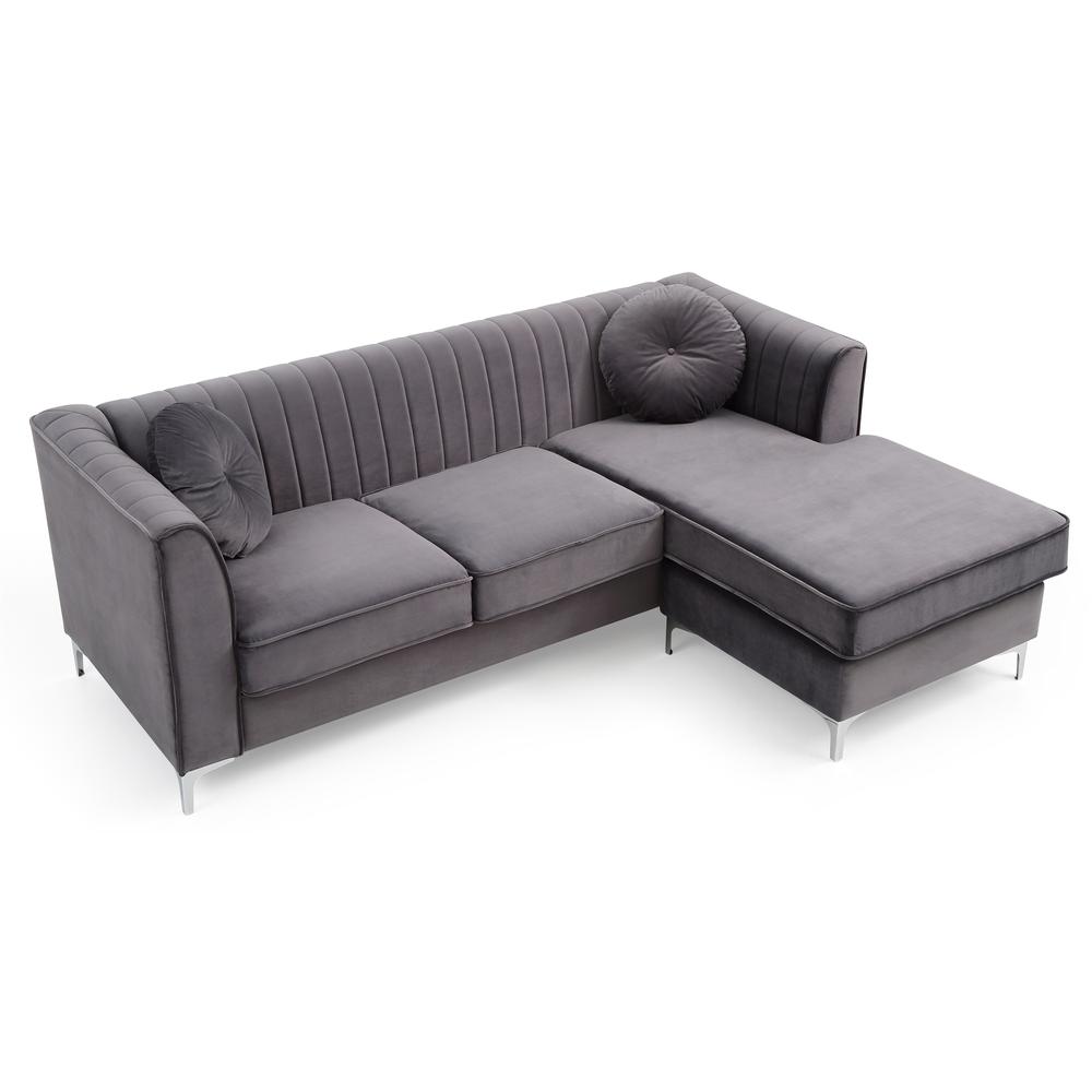 Delray 87 in. Gray Velvet L-Shape 3-Seater Sectional Sofa with 2-Throw Pillow. Picture 3