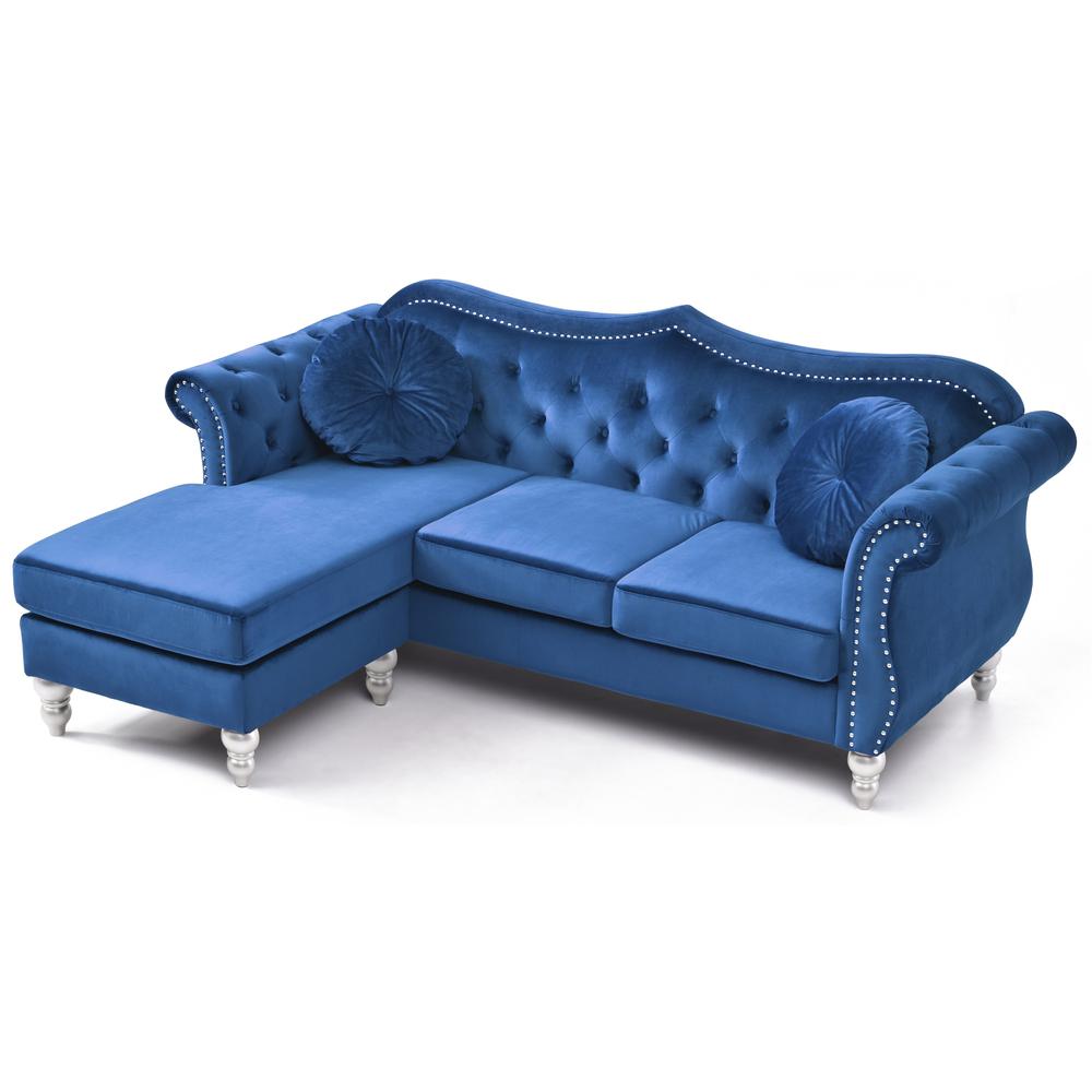 Hollywood 81 in. Navy Blue Velvet Chesterfield Sectional Sofa with 2-Throw Pillow. Picture 3